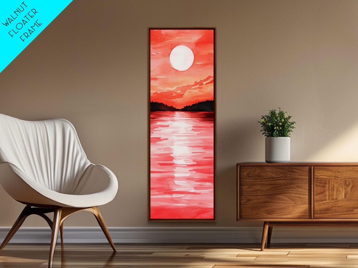 Coral Sunset Ocean Watercolor Painting Big Sun Seascape Vertical Poster - Image 2