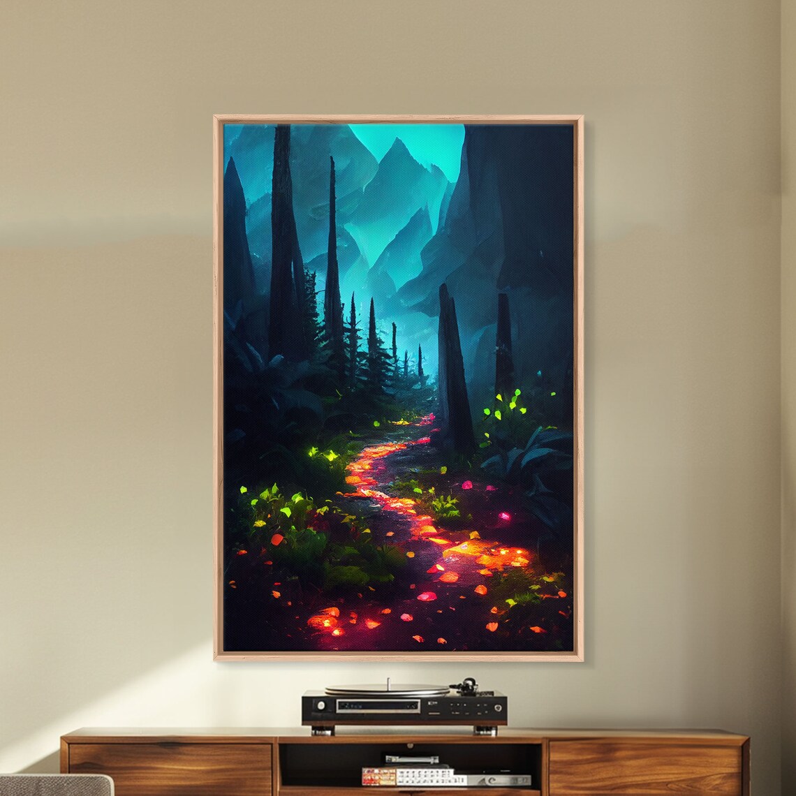 Luminescent Magical Forest Print Glowing Trail Though The Trees Fantasy Art Gloomy Wall Art Dark Decor - Image 5
