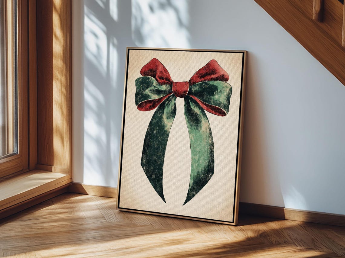 Vintage Red and Green Christmas Gift Bow Illustration Holiday Wall Art - Image 3