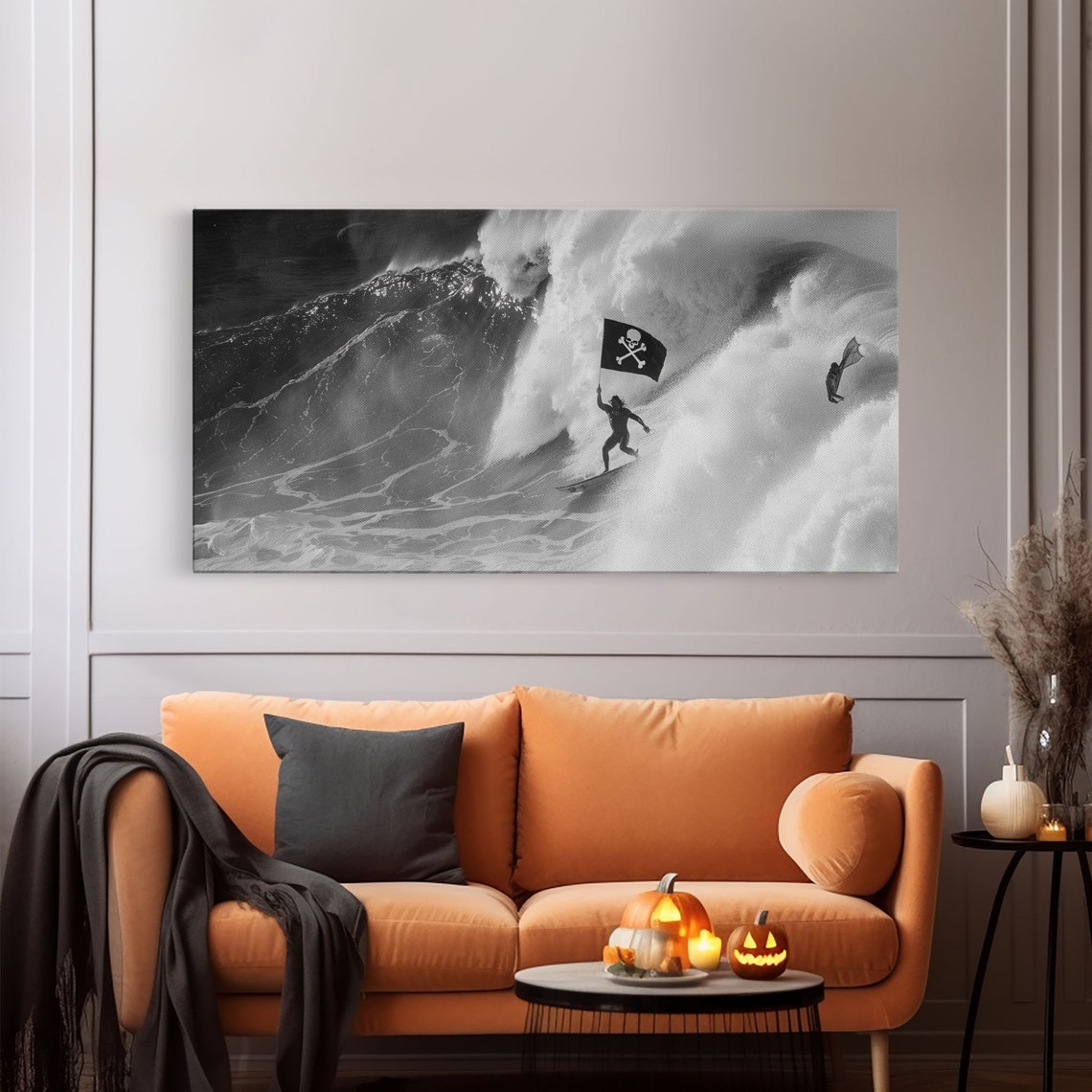 Surfer Waving Skull Flag Riding Huge Wave Black White Photo Print