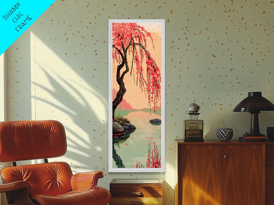 Serene Weeping Cherry Tree With Gentle Reflections In Water Skinny Art Japanese Wall Decor Framed Print Ukiyo E Style