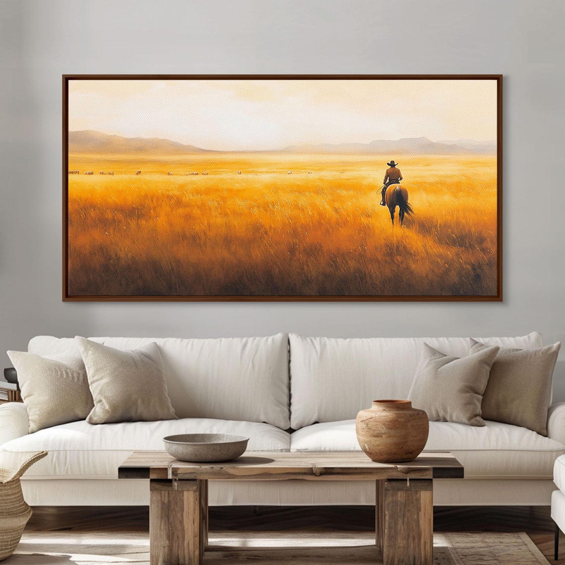 Lone Cowboy Herding Cattle Across Golden Plains Sunset Art Print - Image 6