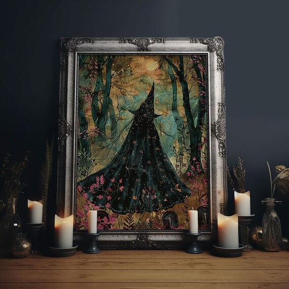 Witch Cloak Moonlit Autumn Forest Starry Night Watercolor Art Poster