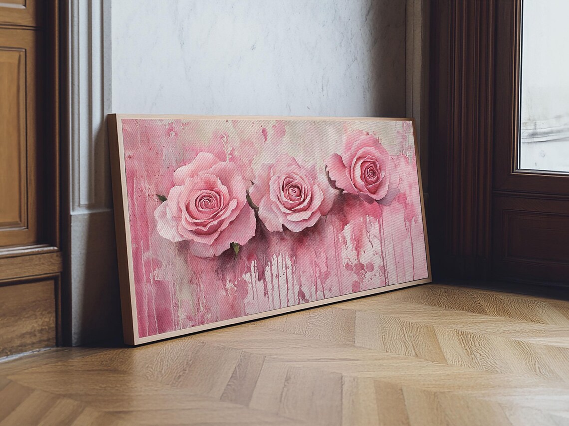 Blush Pink Roses Trio Watercolor Drip Floral Romantic Wall Poster - Image 4