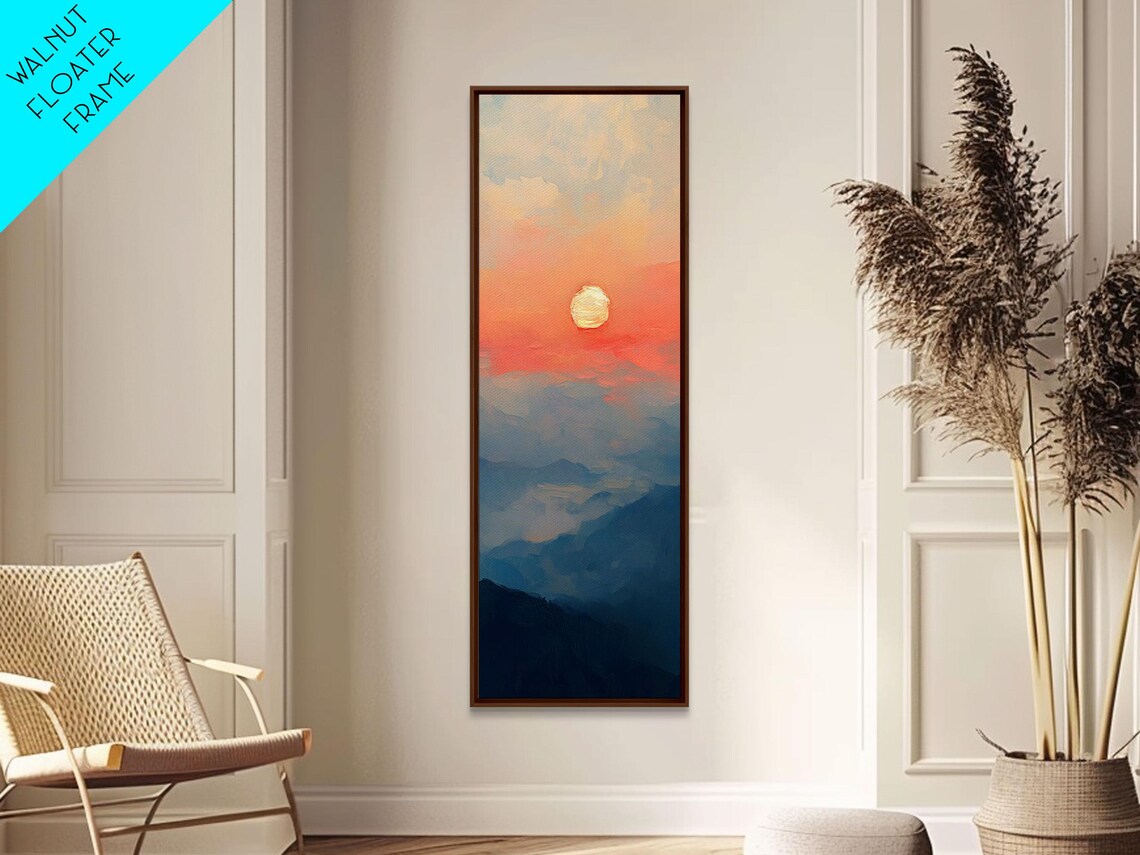 Sunset Over Layered Mountains Coral Sun Misty Peaks Wall Art