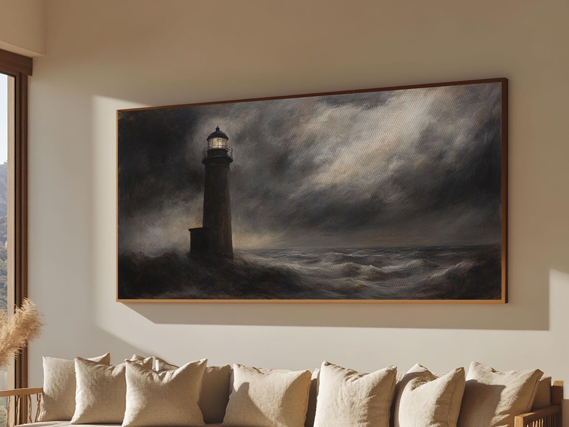 Dark Stormy Lighthouse Painting Moody Black Seas Night Ocean Wall Art Print - Image 2