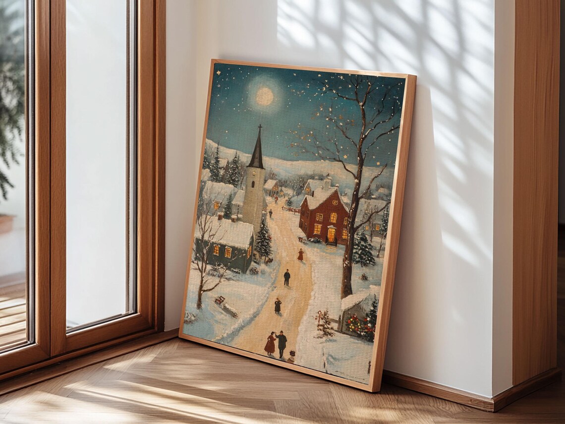 Full Moon Christmas Eve Village Church Snowy Night Painting Poster - Image 4