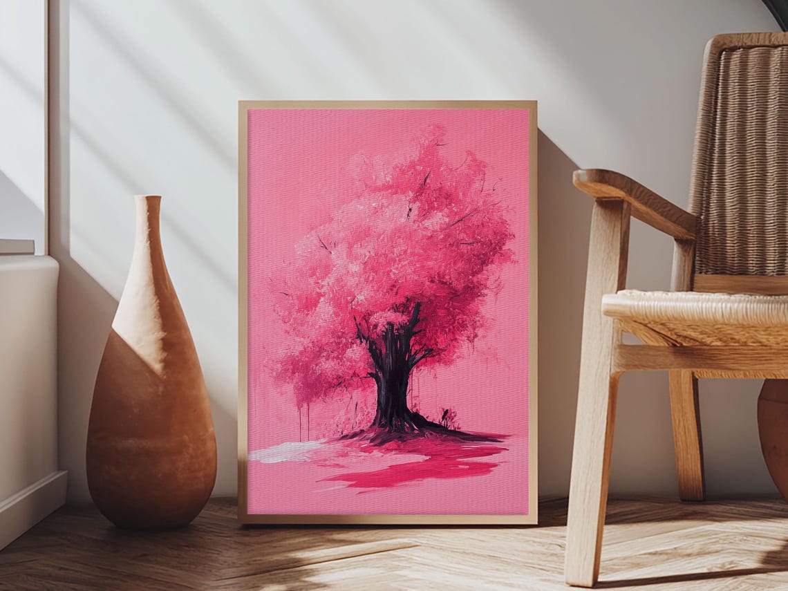 Bold Monochrome Pink Tree Silhouette Preppy Blossom Art Print - Image 3