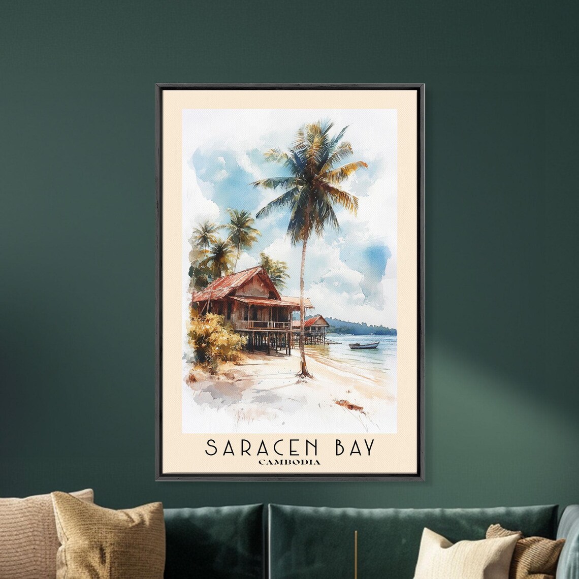 Saracen Bay Cambodia Stilt Beach Huts Coconut Palm Boat Watercolor Poster - Image 5