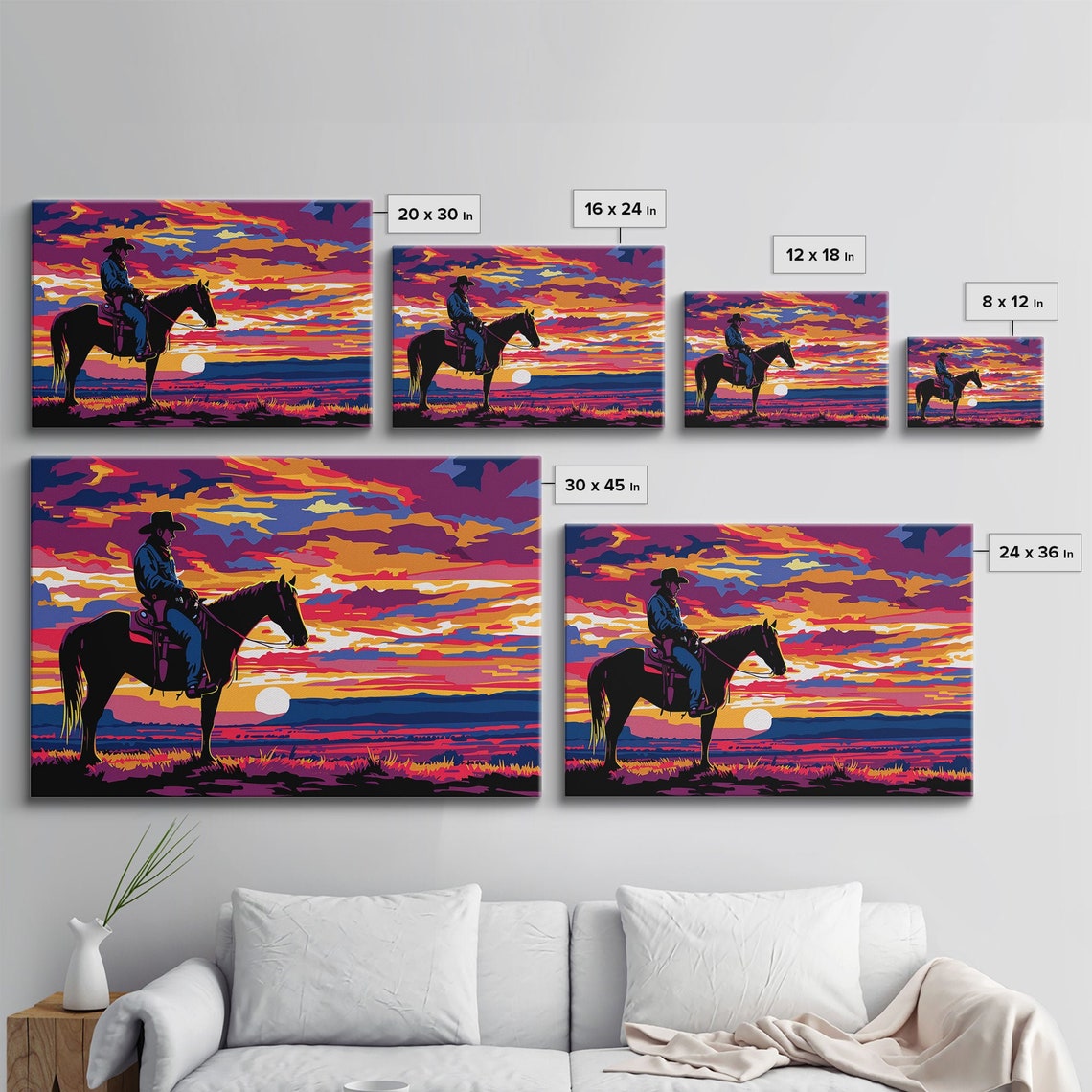 Wild West Cowboy Horseback Sunset Neon Pop Art Silhouette Art Poster - Image 2