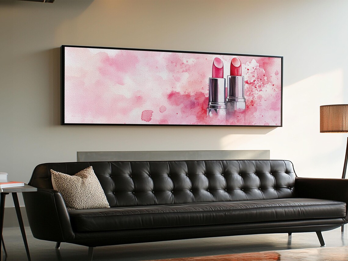 Pink Lipstick Duo Silver Tubes Watercolor Beauty Still Life Panoramic Art Poster - Image 6