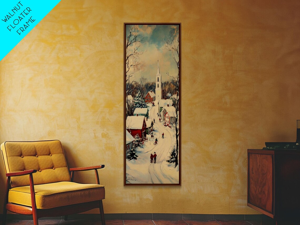 Snowy Village Church Steeple Winter Stroll Vintage Christmas Poster - Image 3