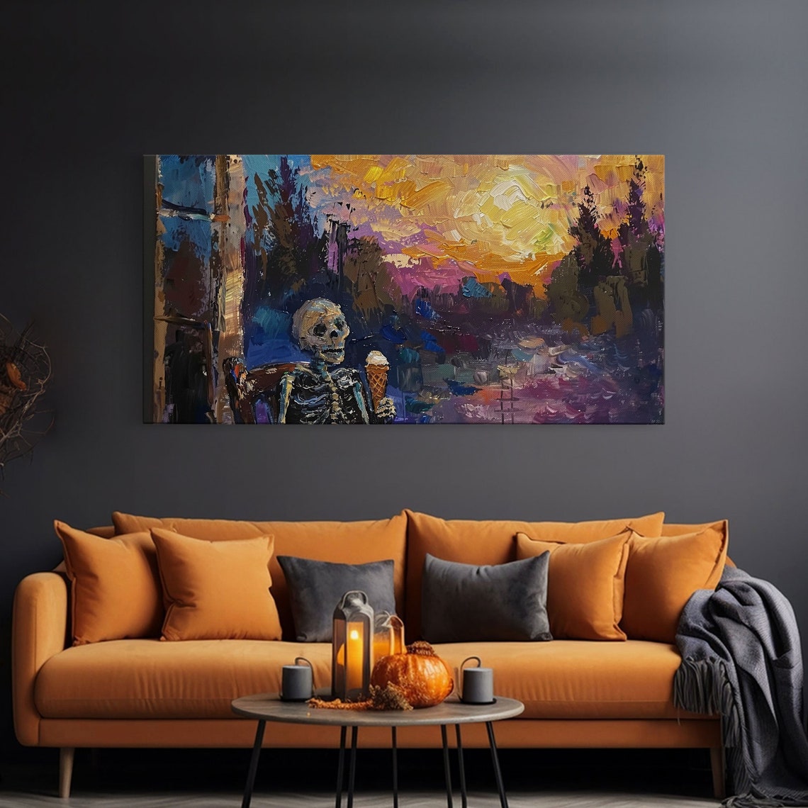 Skeleton Eating Ice Cream At Sunset Colorful Impressionist Art Poster - Image 3