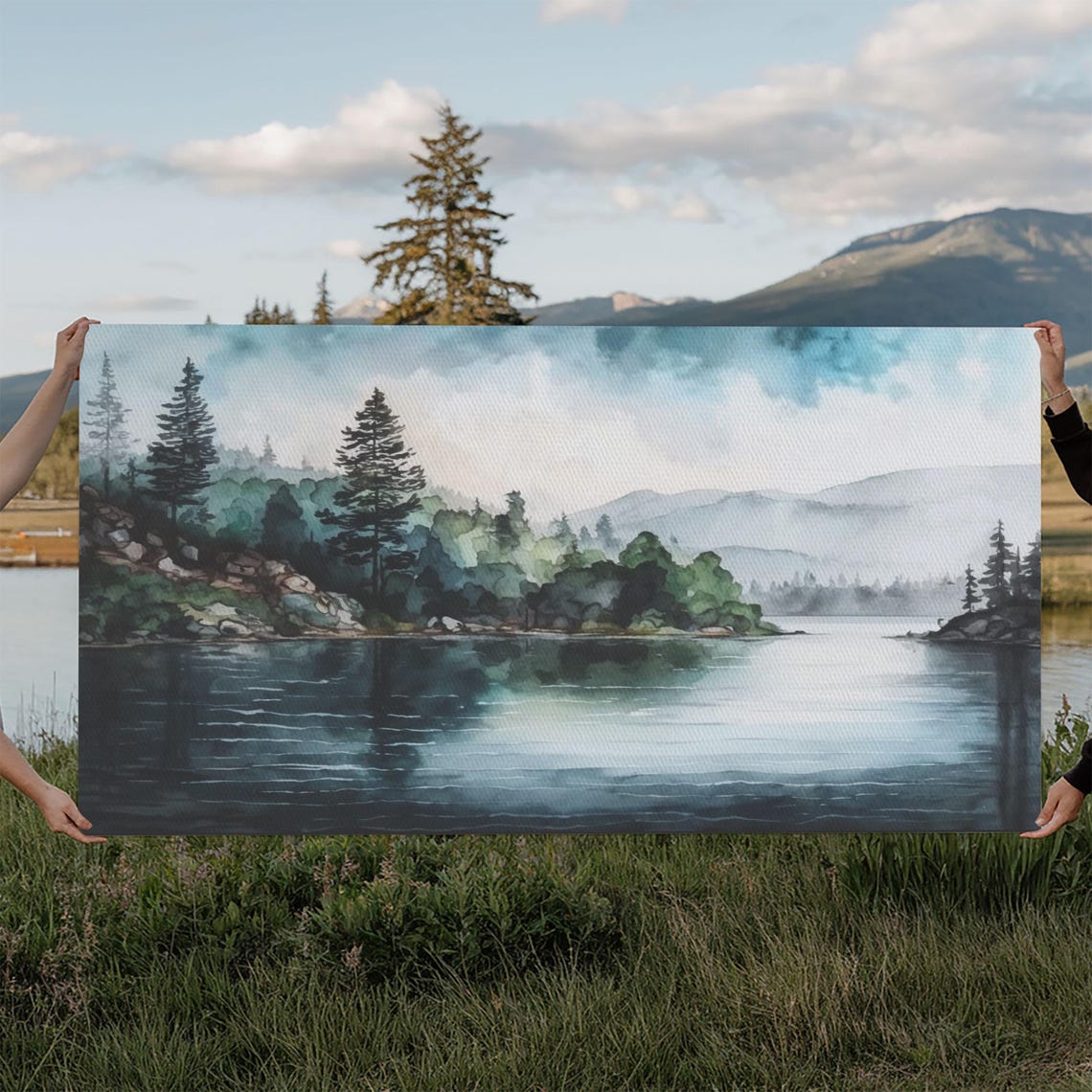 Minimalist Lake Landscape Pine Trees Misty Mountains Calm Water Print - Image 6