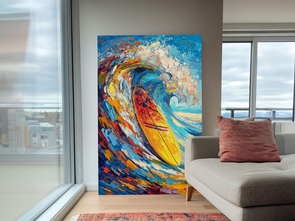 Yellow Surfboard Riding Blue Wave Abstract Ocean Surf Art Wall Poster - Image 3