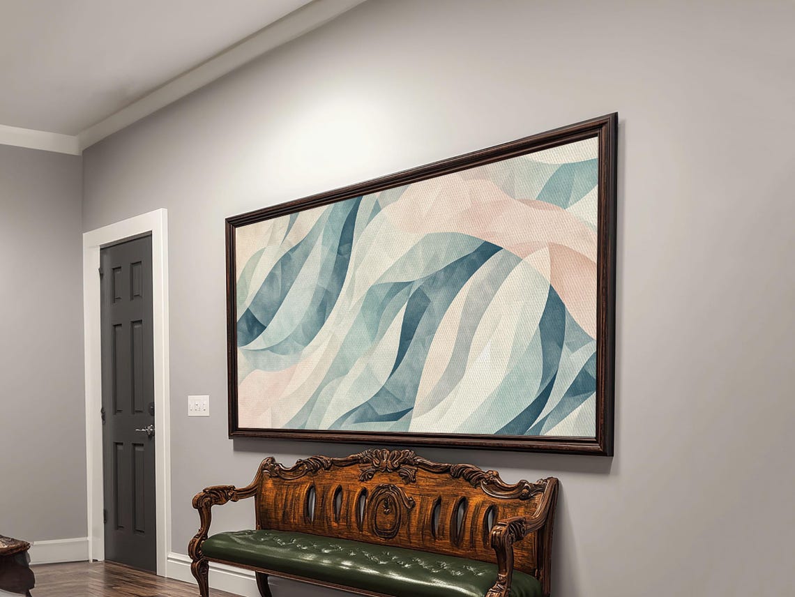 Pastel Blue Pink Abstract Flowing Ribbon Curves Modern Print - Image 2