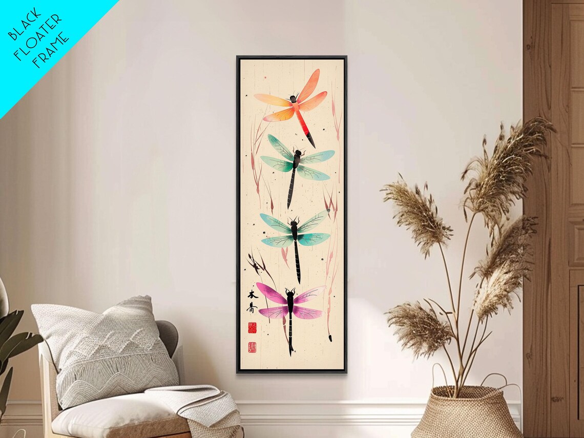 Dragonflies In Flight Japanese Style Colorful Insects Cream Backdrop Art Poster - Image 3