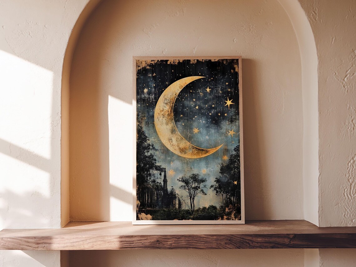 Golden Crescent Moon Stars Mystical Night Forest Sky Art Print - Image 3