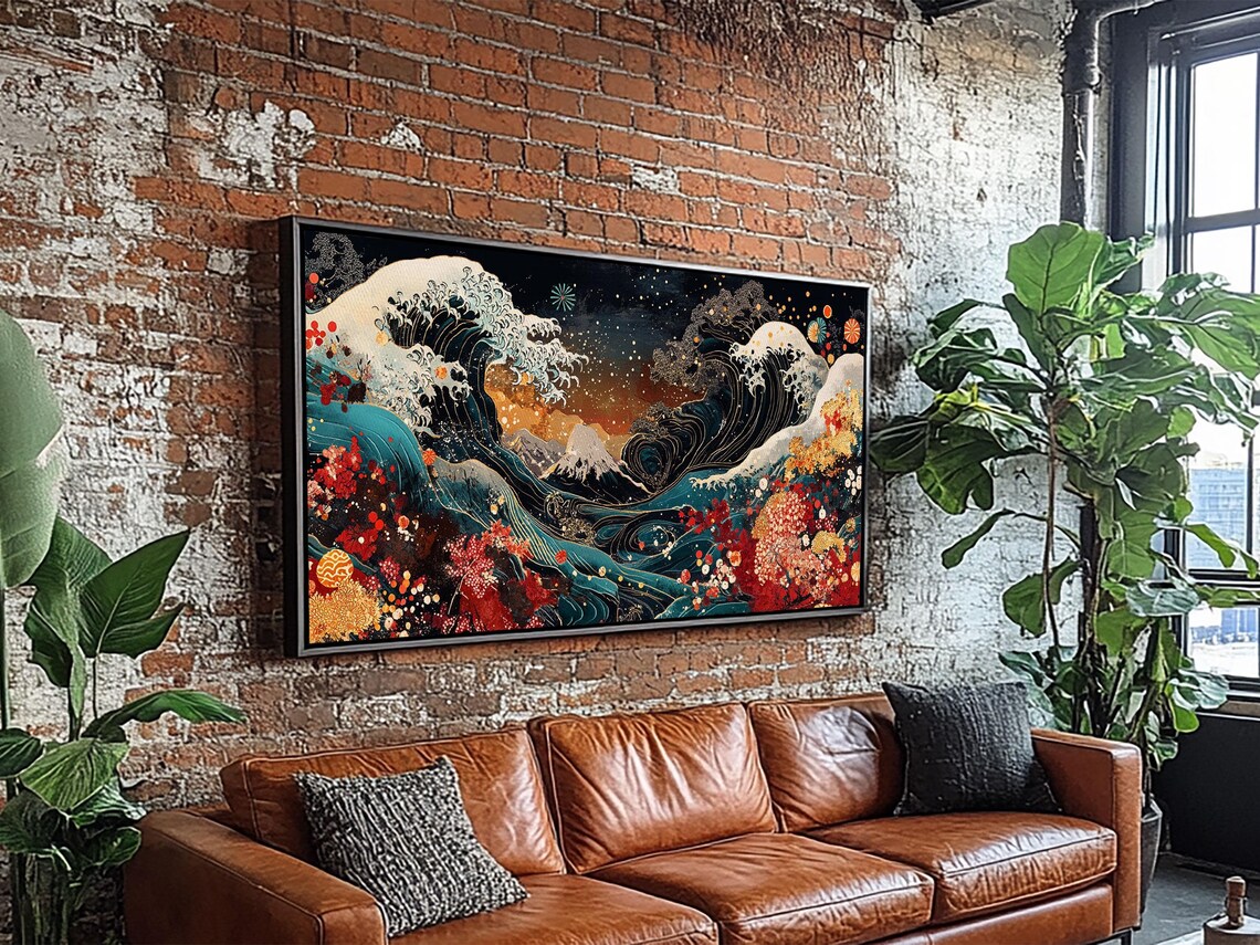 Japanese Great Wave Mt Fuji Cherry Blossom Floral Ukiyoe Style Wall Art Print - Image 2