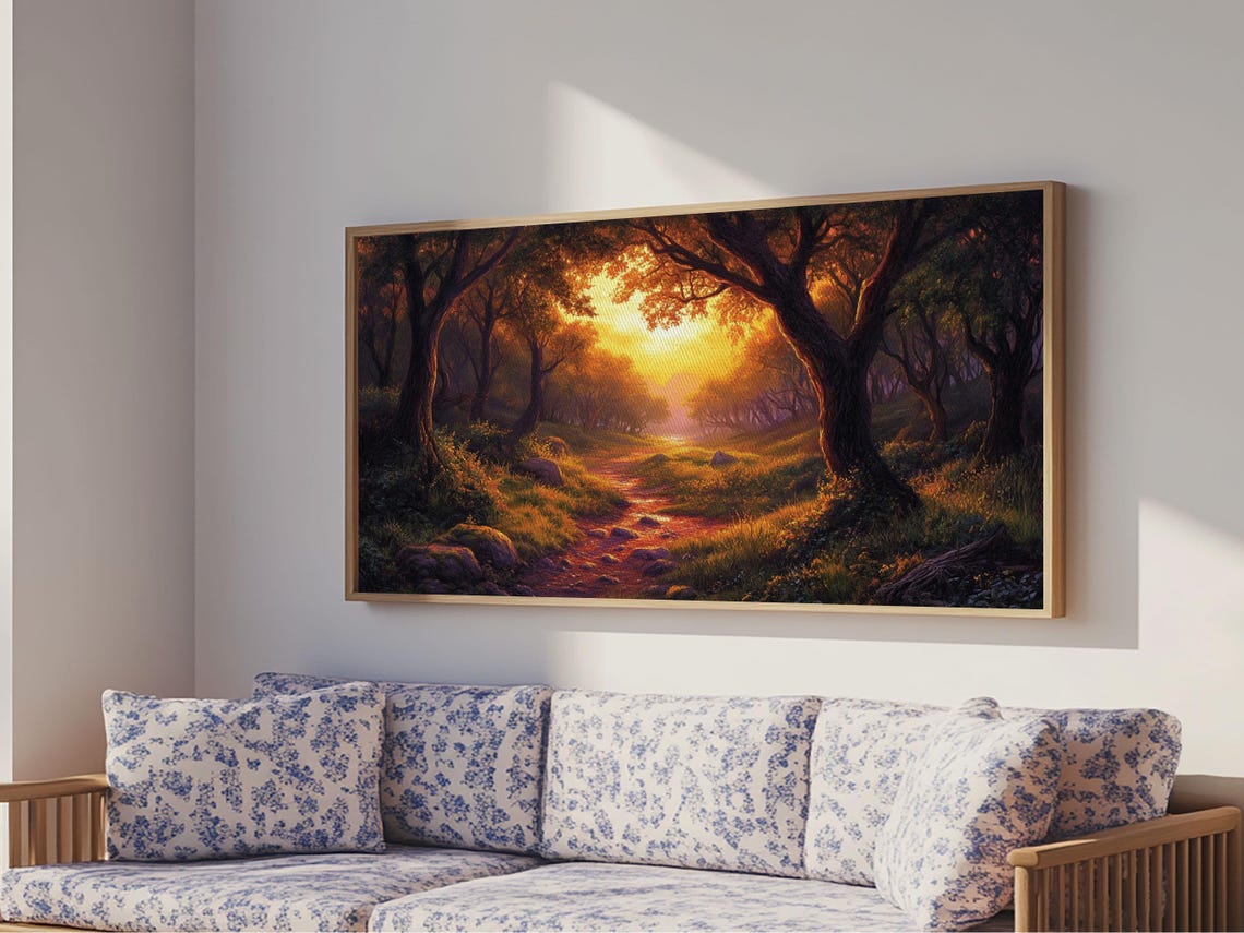 Enchanted Forest Path Golden Sunset Fantasy Landscape Art Poster - Image 2