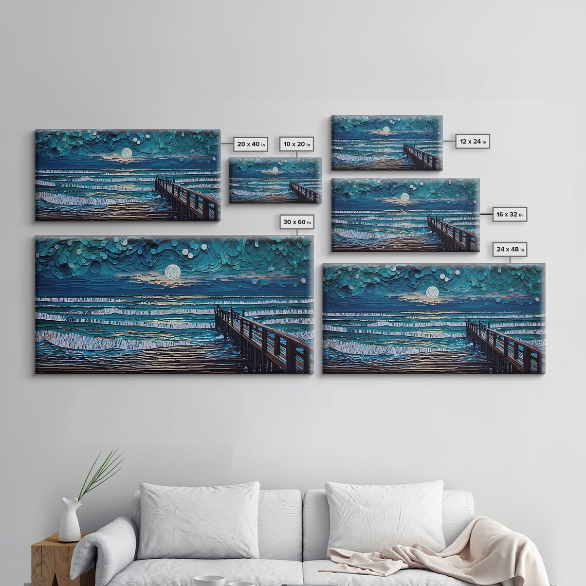 Full Moon Over Beach, Lighthouse Coastal Art Print - Image 2