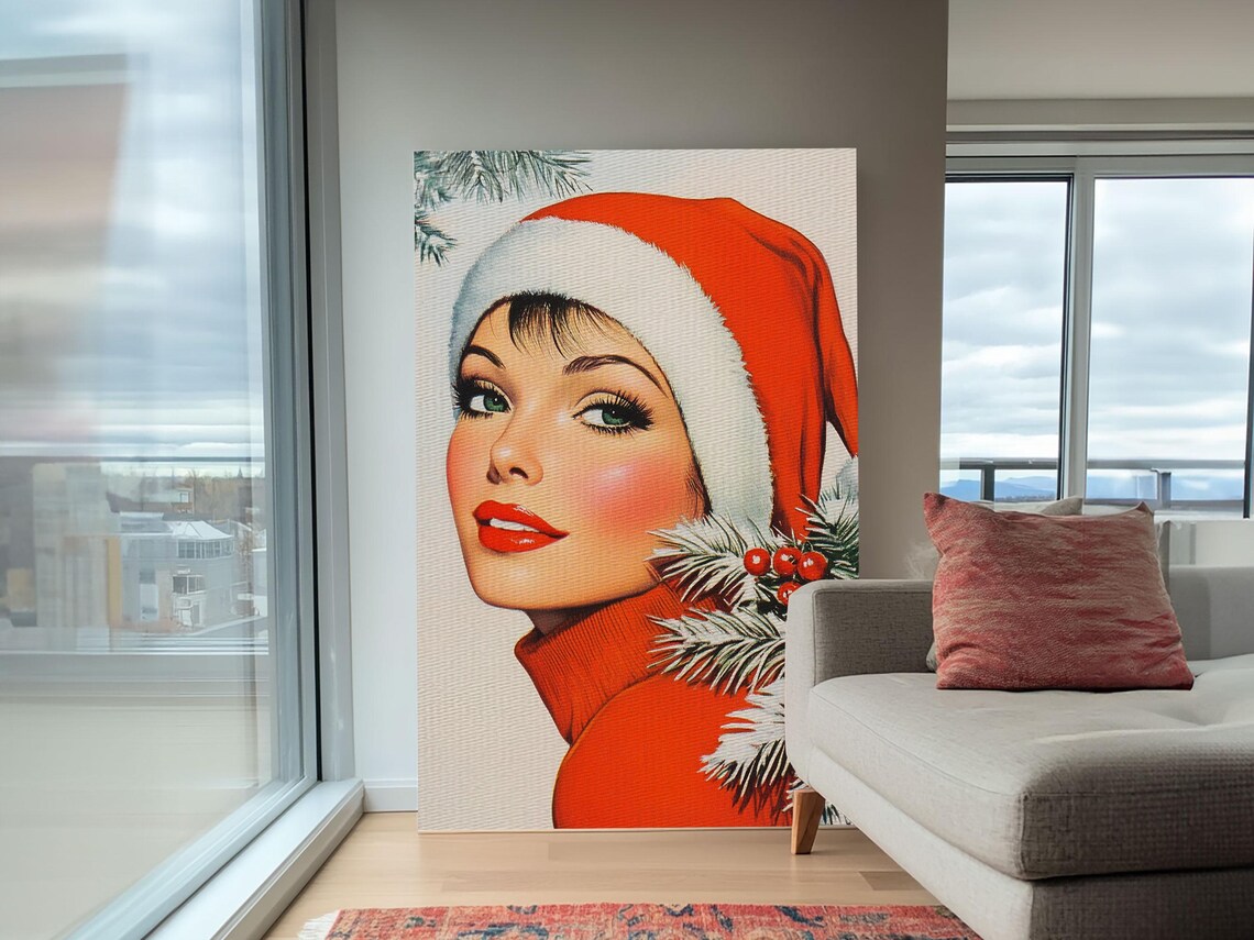 1950s Christmas Pin Up Woman In Santa Hat Retro Holiday Wall Art - Image 3