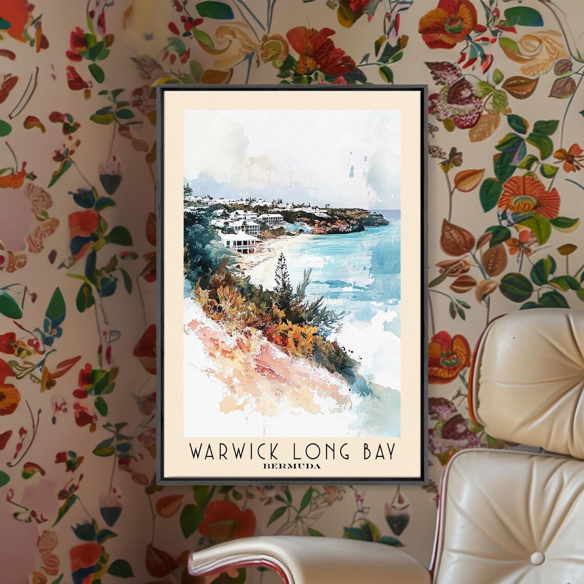 Warwick Long Bay Bermuda Watercolor Coastal Beach Scene Travel Poster