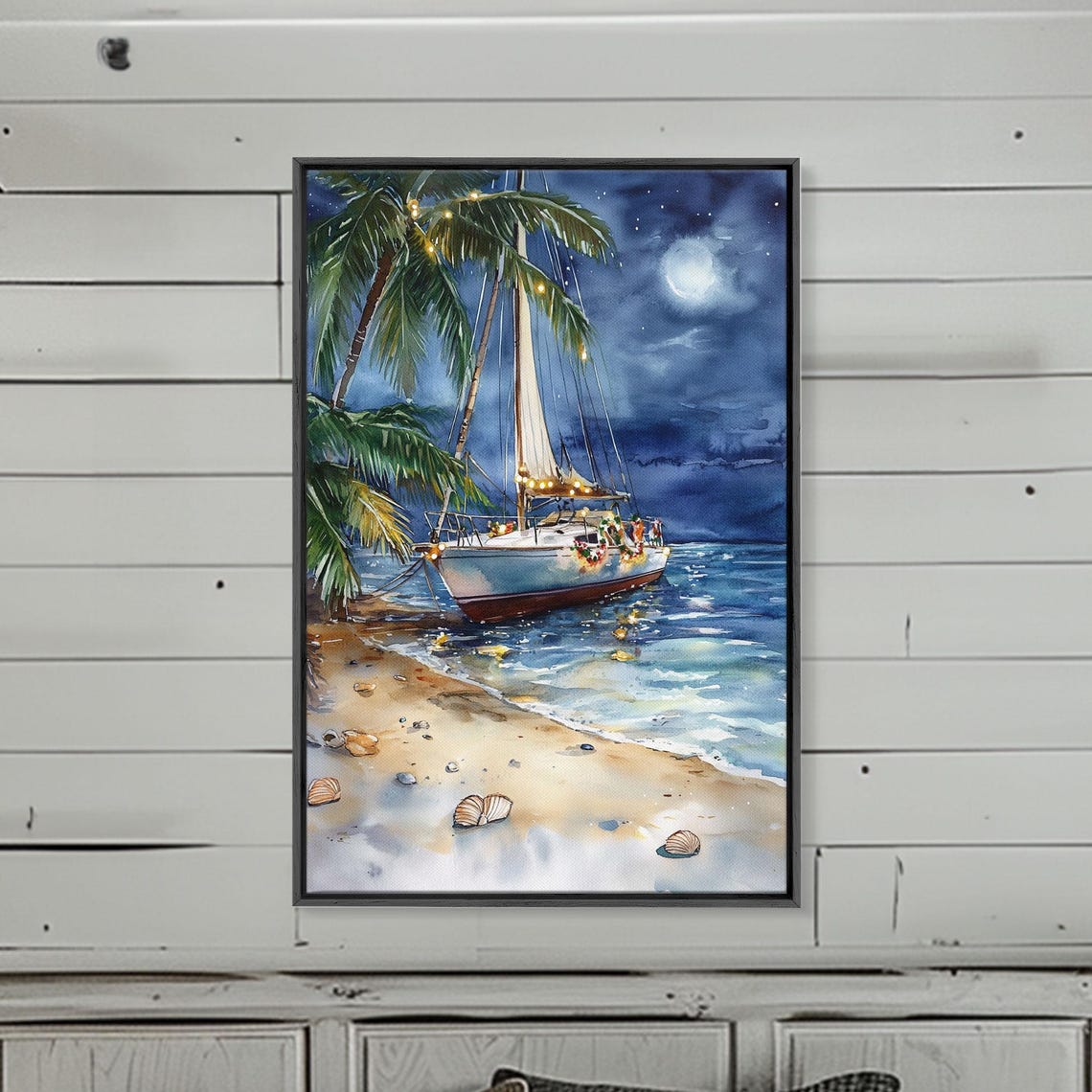 Sailboat On Tropical Beach At Night Moonlit Christmas Lights Poster - Image 4