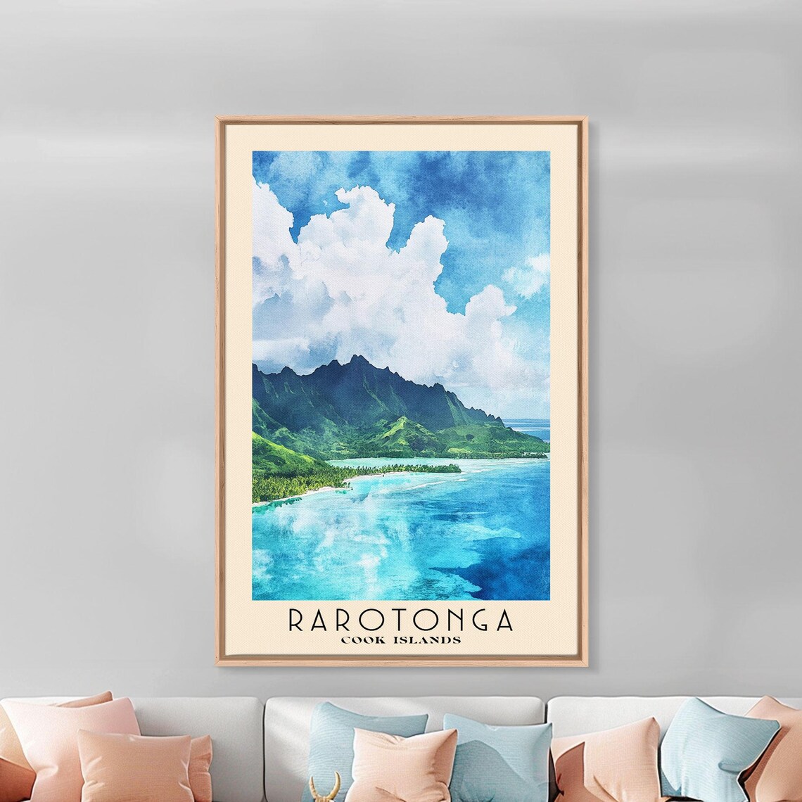 Rarotonga Cook Islands Volcanic Peak Lagoon Watercolor Travel Poster - Image 2