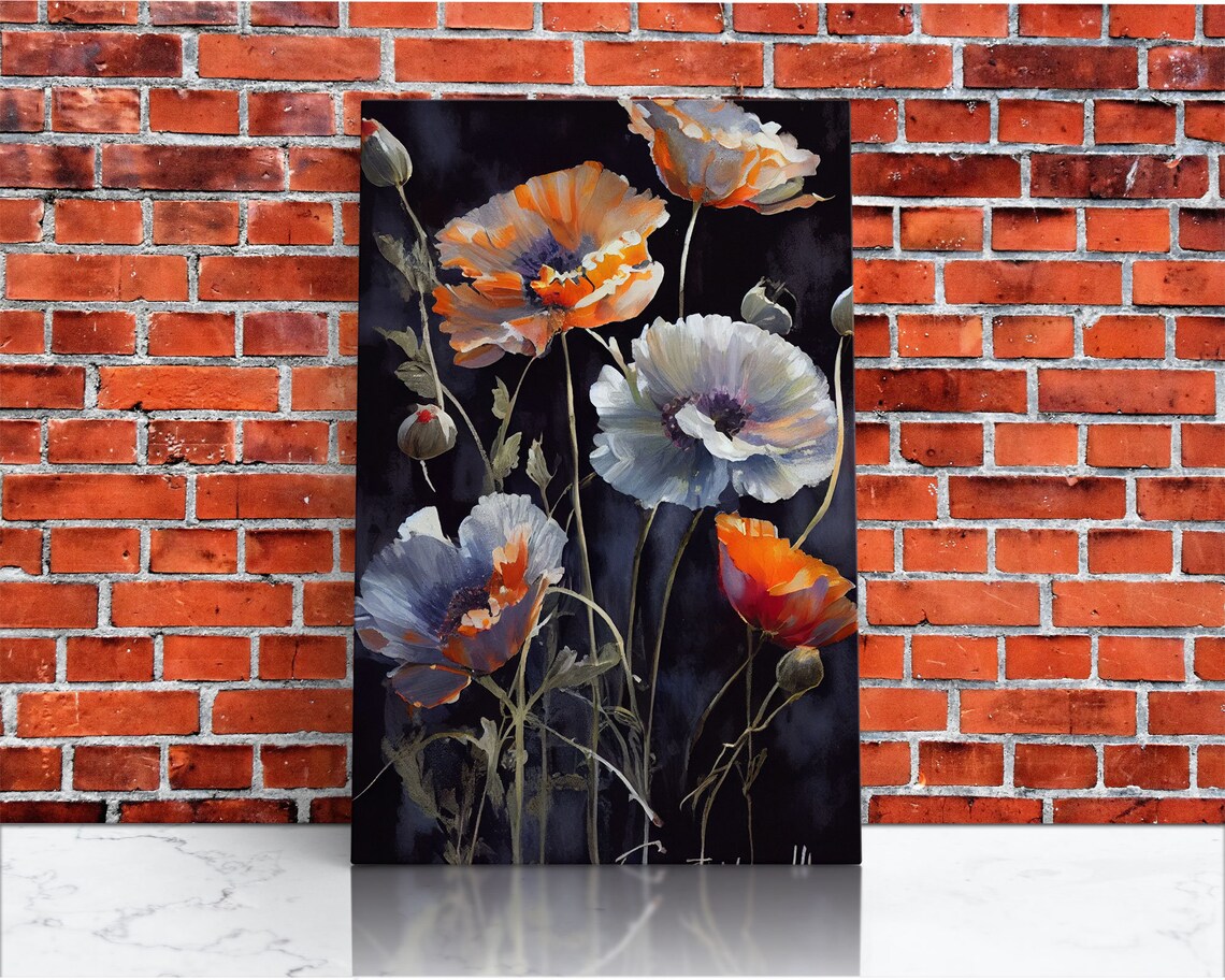 Orange White Poppy Flowers Moody Black Background Floral Oil Poster - Image 3