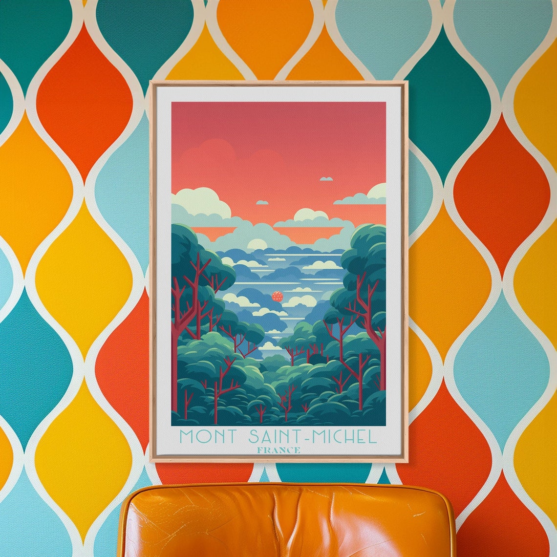 Red Sunset Forest Crimson Sky Tall Pine Trees Dreamy Wall Art Poster - Image 2