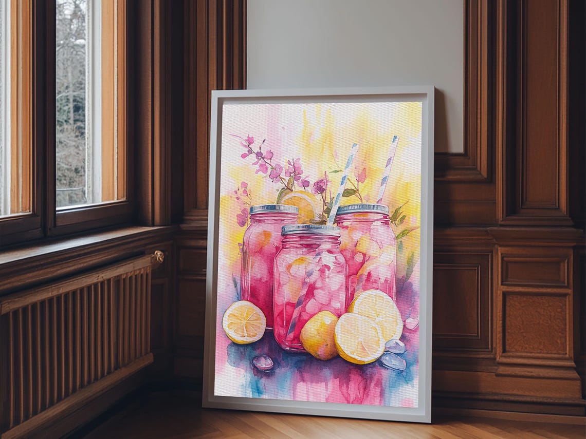 Pink Lemonade Mason Jars Watercolor Summer Kitchen Art Print