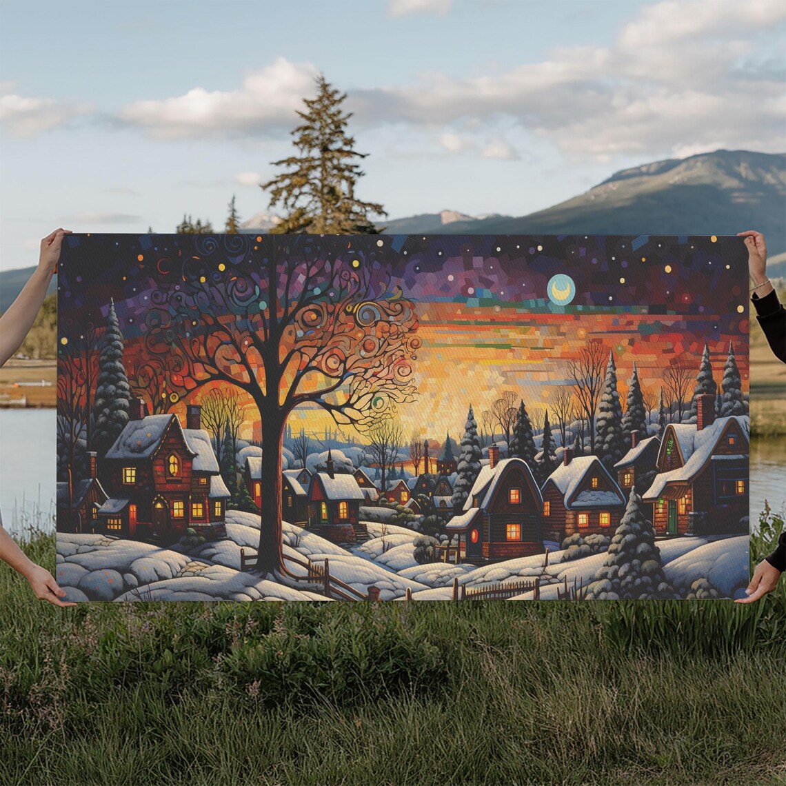 Whimsical Christmas Village At Night Under Swirling Starry Sky Poster