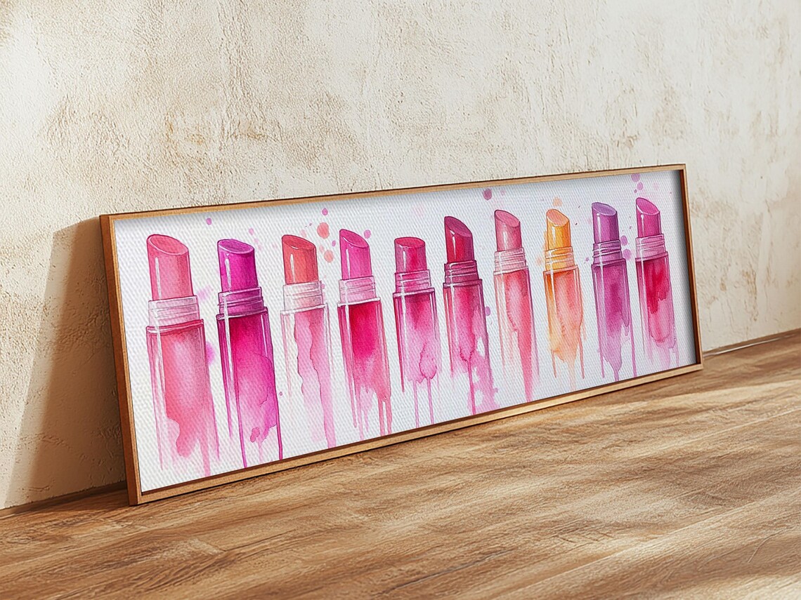 Pink Magenta Lipstick Shades Row Watercolor Panoramic Beauty Canvas Poster - Image 5