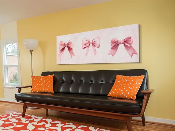 Light Pink Wall Art Print With Bows Decor Minimalist Painting Bedroom Art Horizontal Abstract Artwork For Living Room