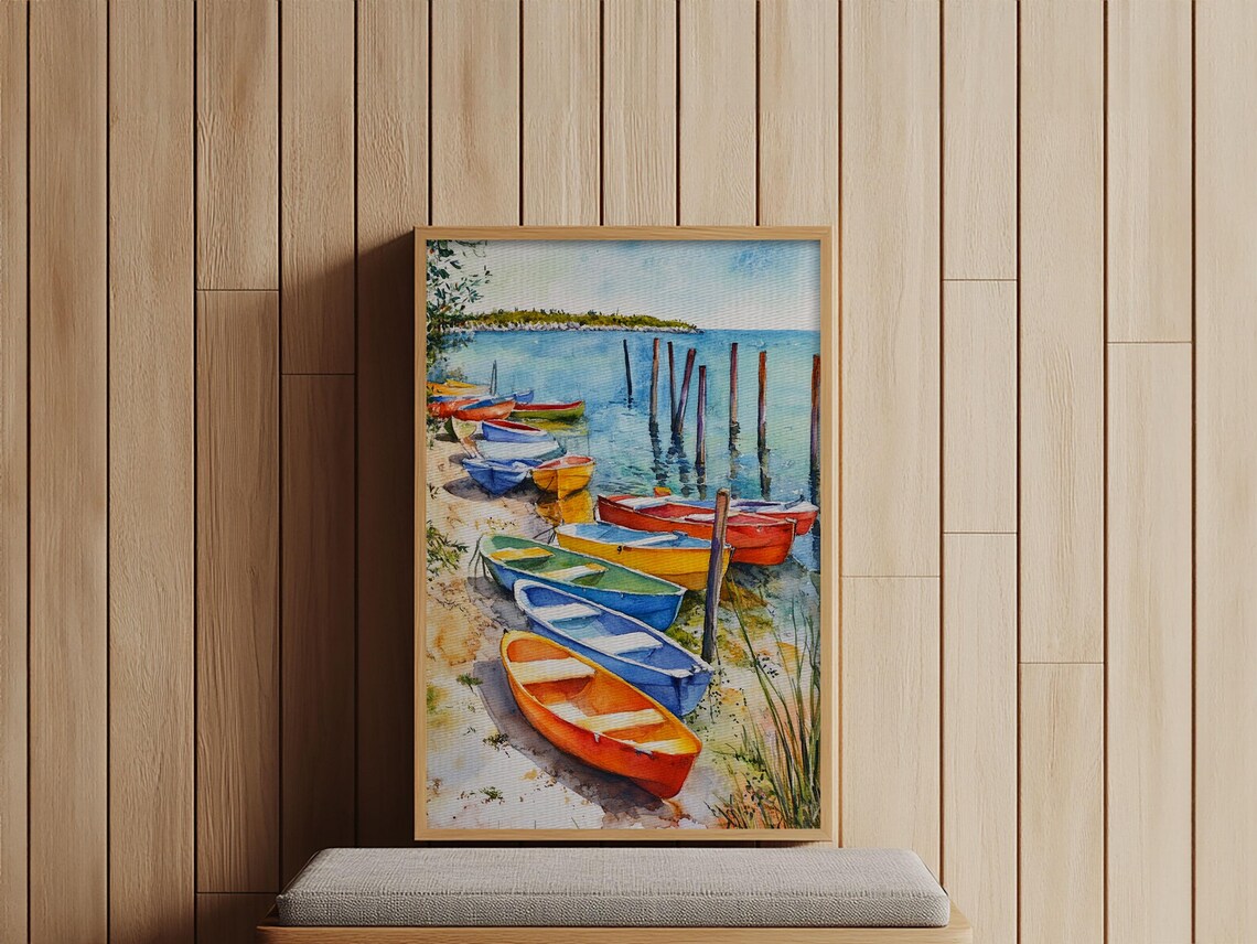 Colorful Rowboats Shore Watercolor Pilings Boats Coastal Harbor Art Poster - Image 6