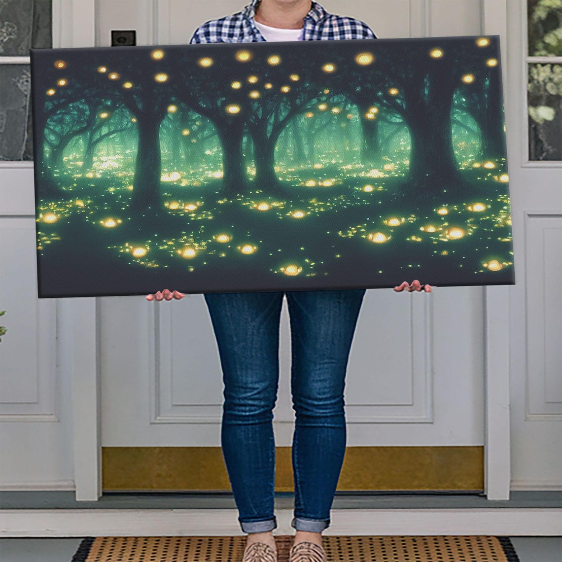 Enchanted Firefly Forest At Night With Glowing Teal Mist Wall Art - Image 3