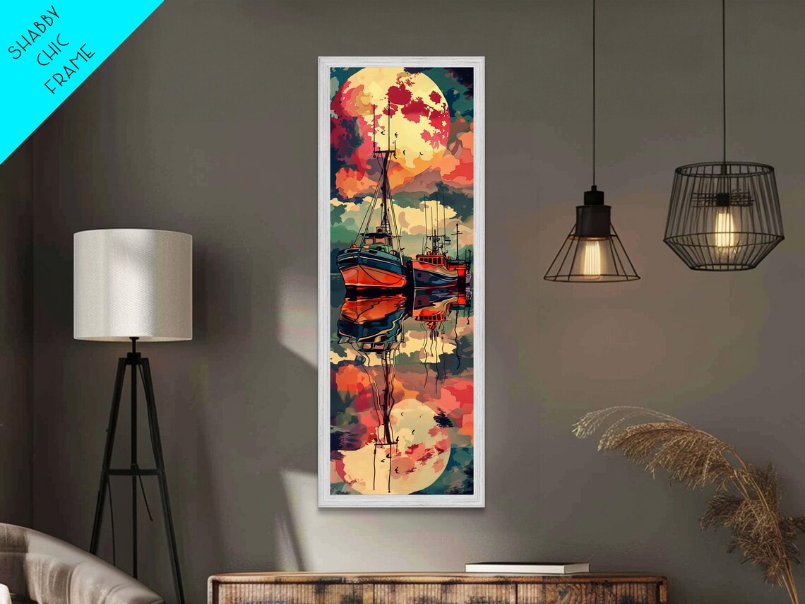 Vibrant Colorful Fishing Boats Full Moon Night Harbor Art Poster