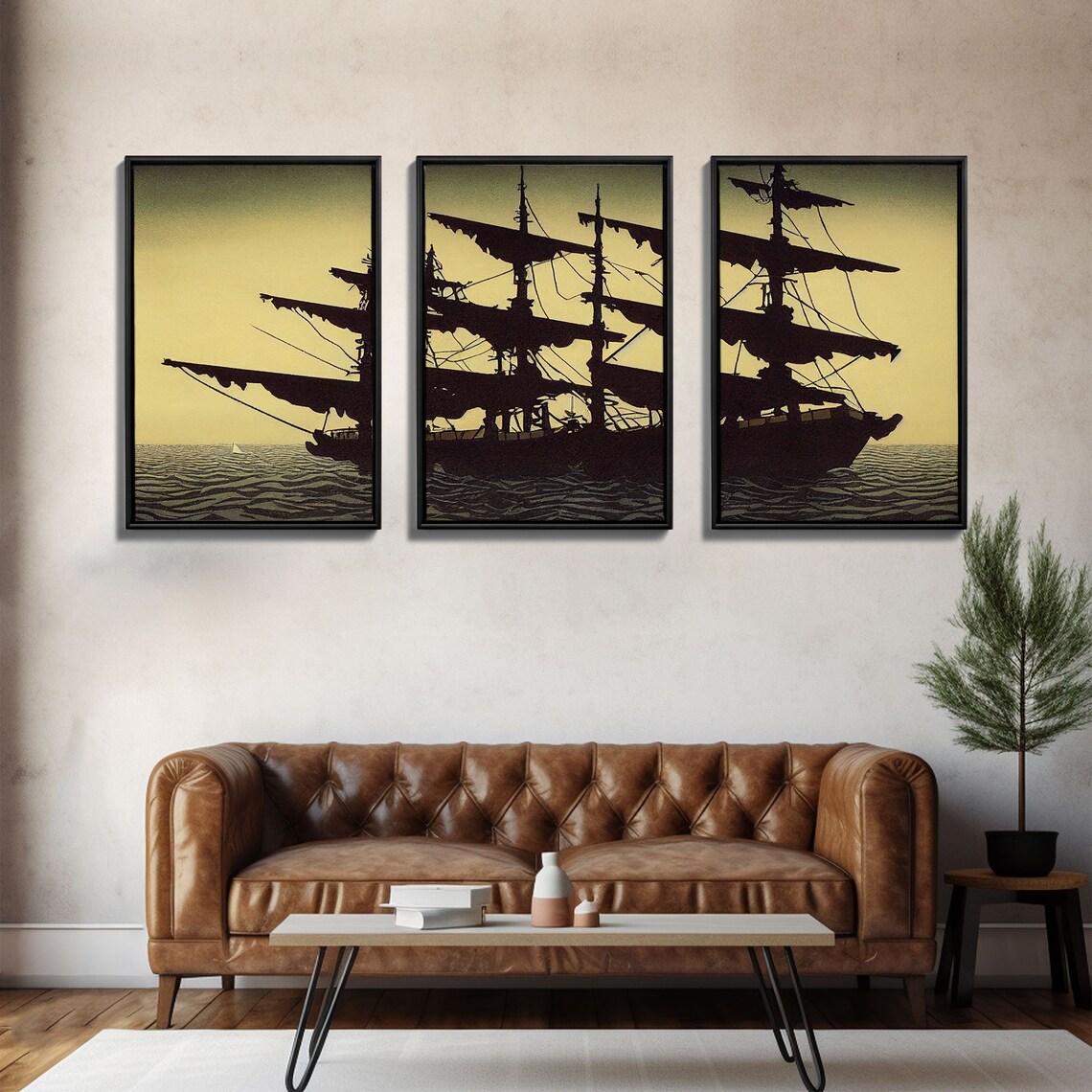 Ghost Pirate Ship Silhouette At Sea Vintage Three Piece Sailing Print - Image 2