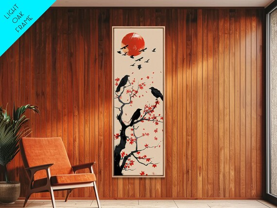 Crows On Bare Tree Branches Against Red Sun Skinny Art Wood Block Print Japanese Style Art Framed Print Tall Art Ukiyo E Art