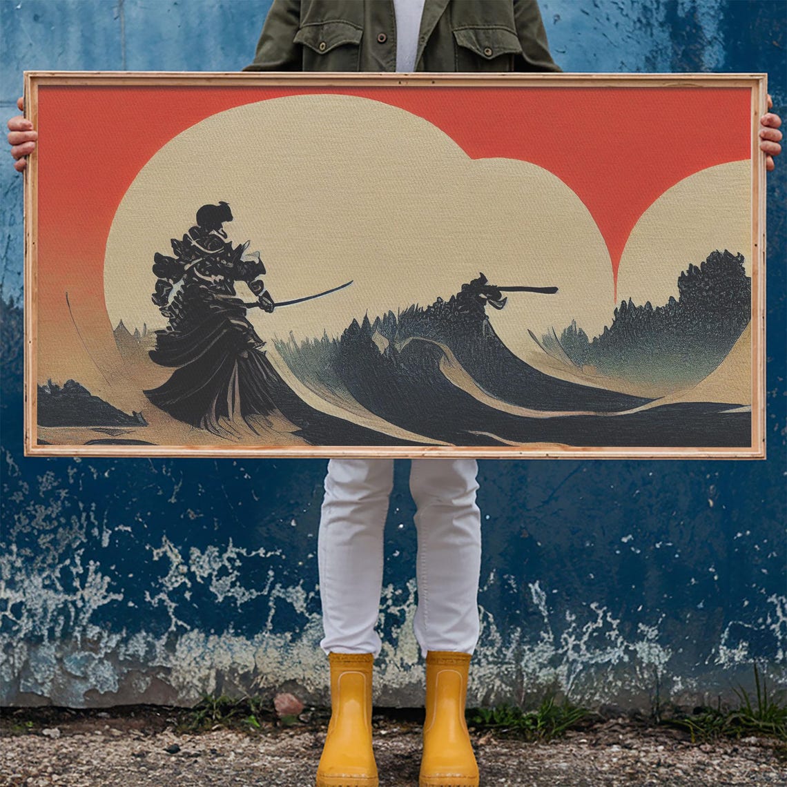 Samurai Facing Giant Wave Under Blood Red Sun Japanese Art Poster - Image 6