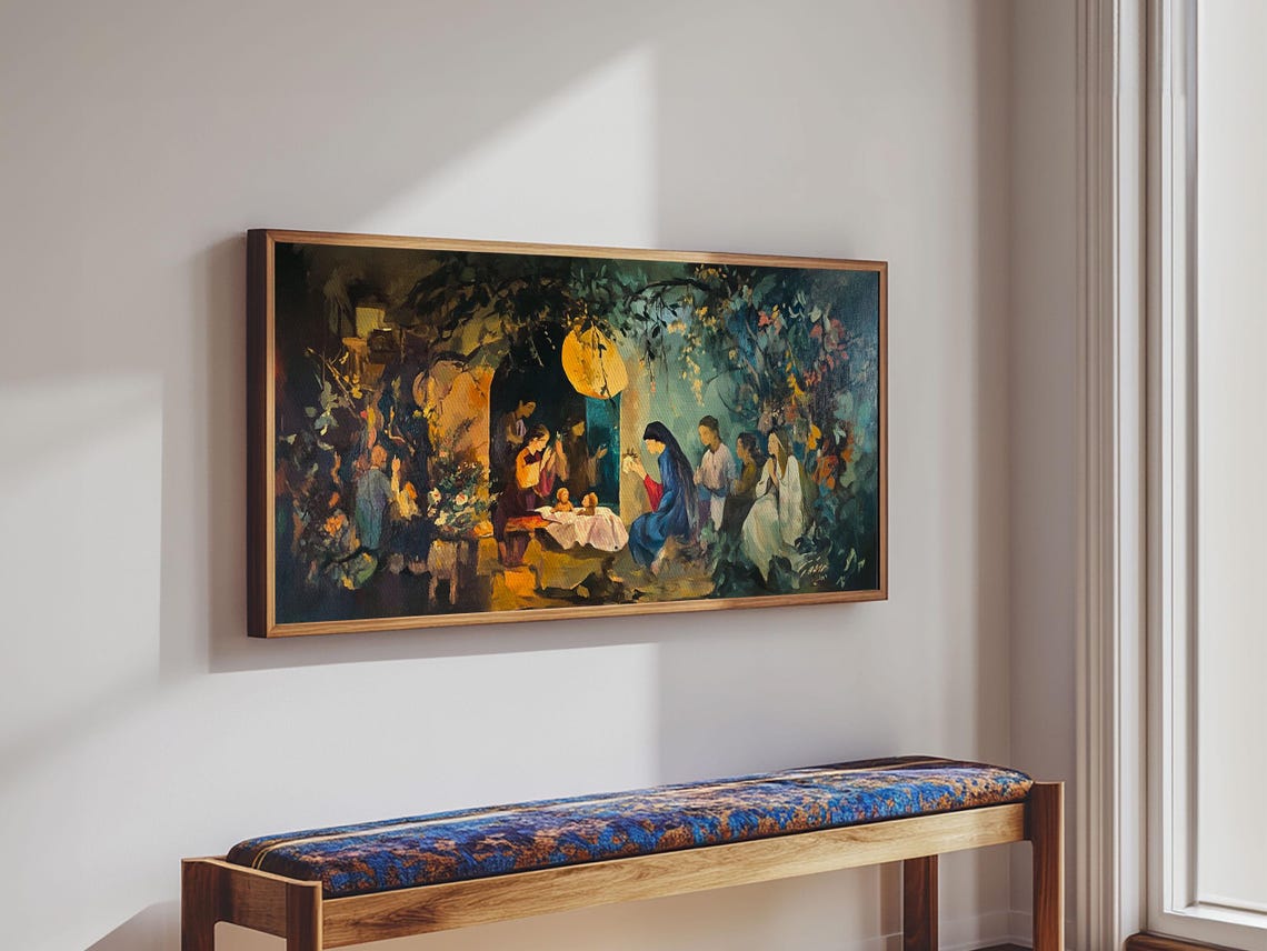Nativity Stable Night Moonlight Jesus Manger Christian Art Poster - Image 4