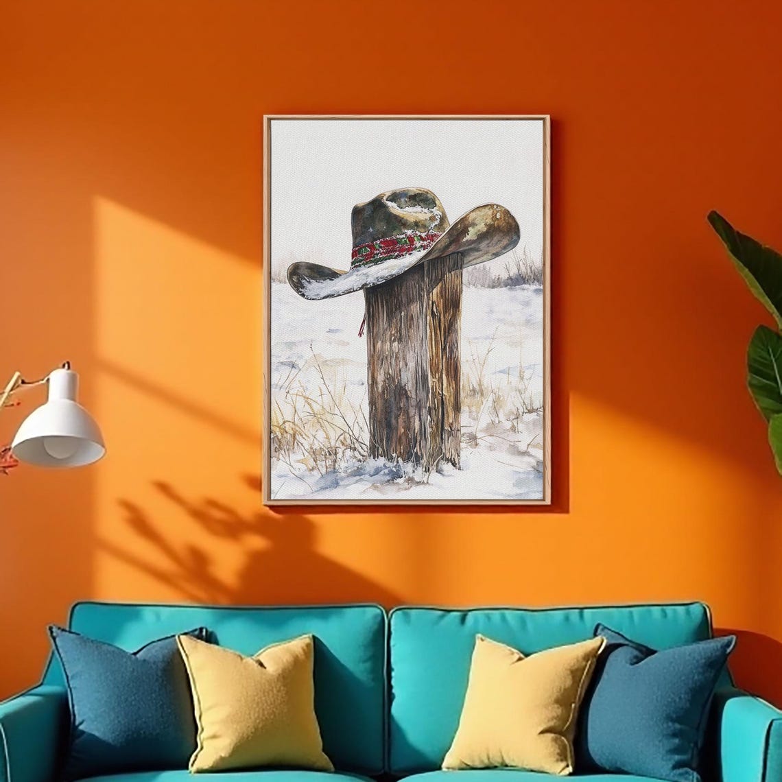 Weathered Cowboy Hat On Snowy Fence Post Winter Western Poster