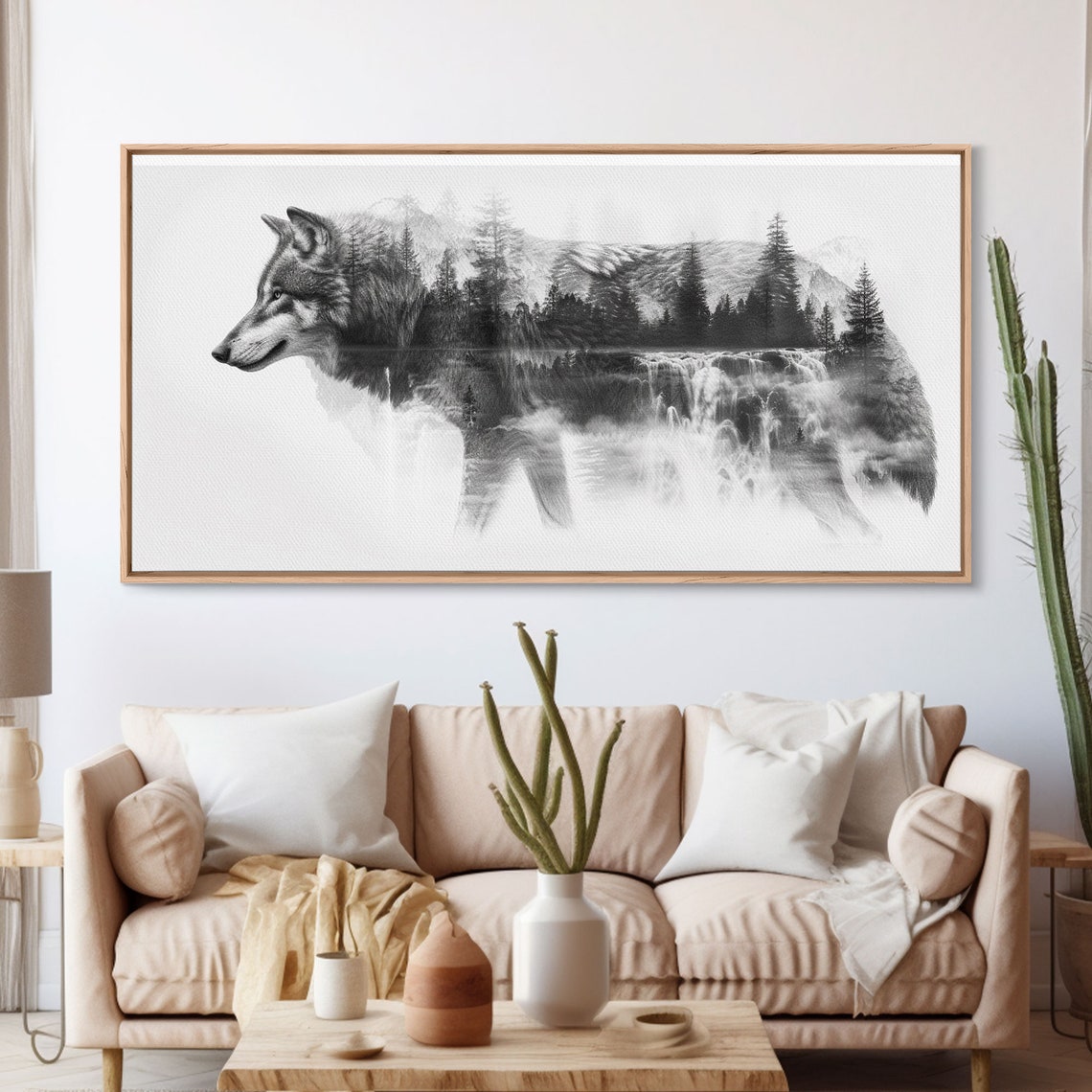 Gray Wolf Forest Waterfall Double Exposure Black White Poster - Image 3