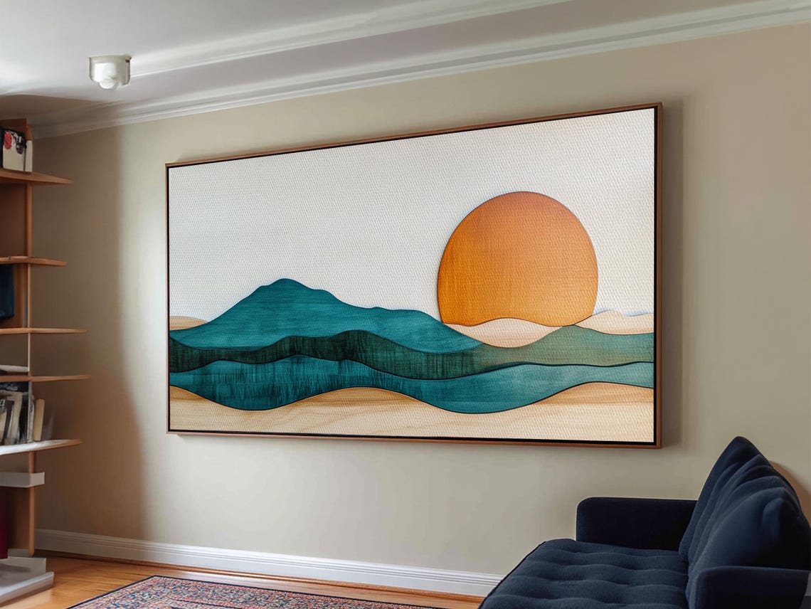 Minimalist Boho Sunset Mountain Waves Teal Orange Landscape Poster - Image 6
