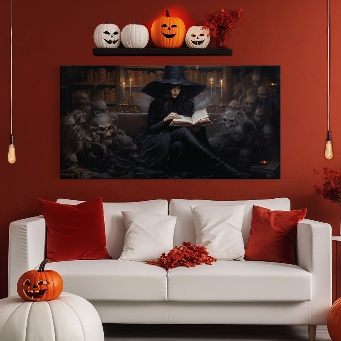 Witch Reading Spell Book In Library Of Skulls Gothic Panoramic Print - Image 5