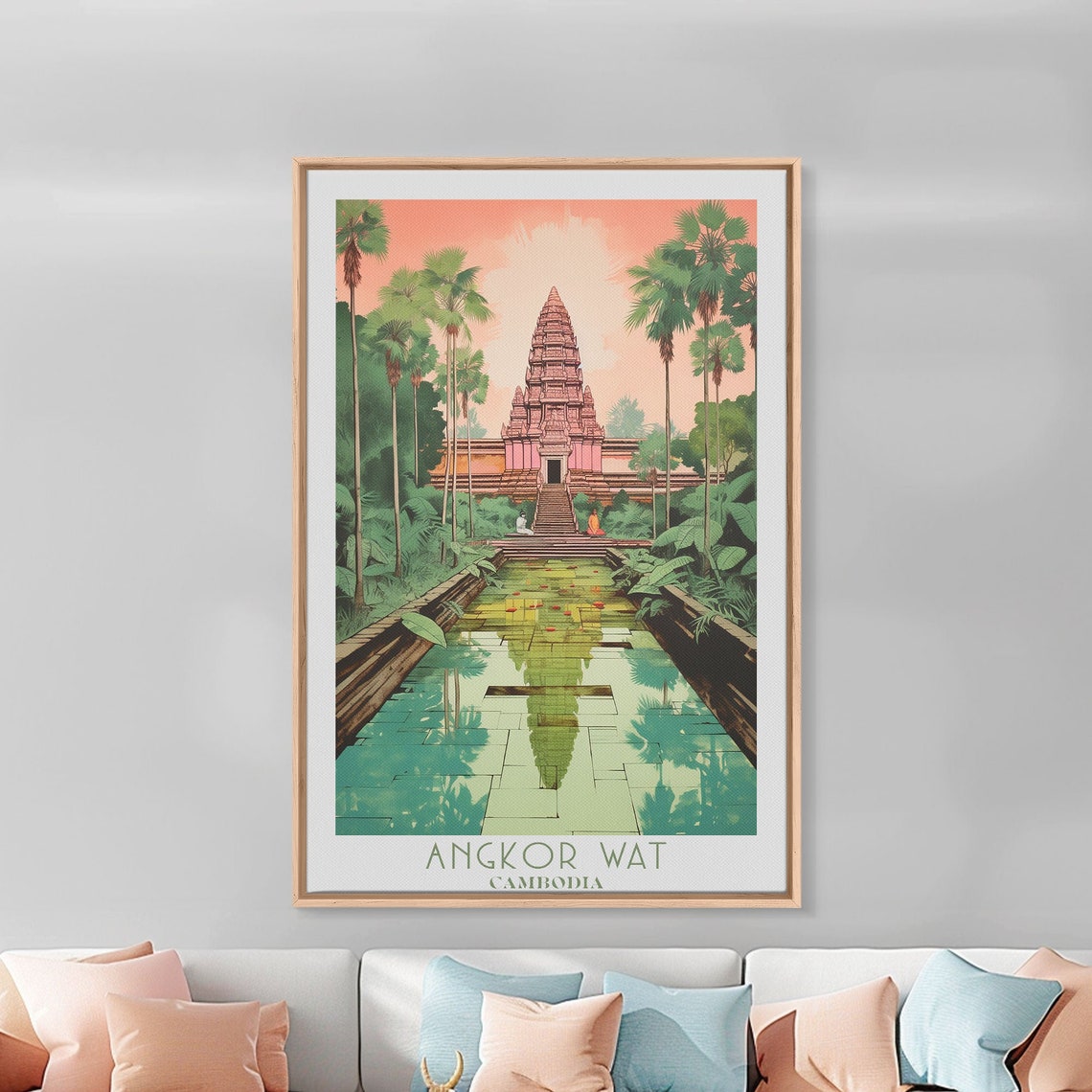 Angkor Wat Cambodia Temple Reflection Moat Sunset Palms Travel Poster - Image 2