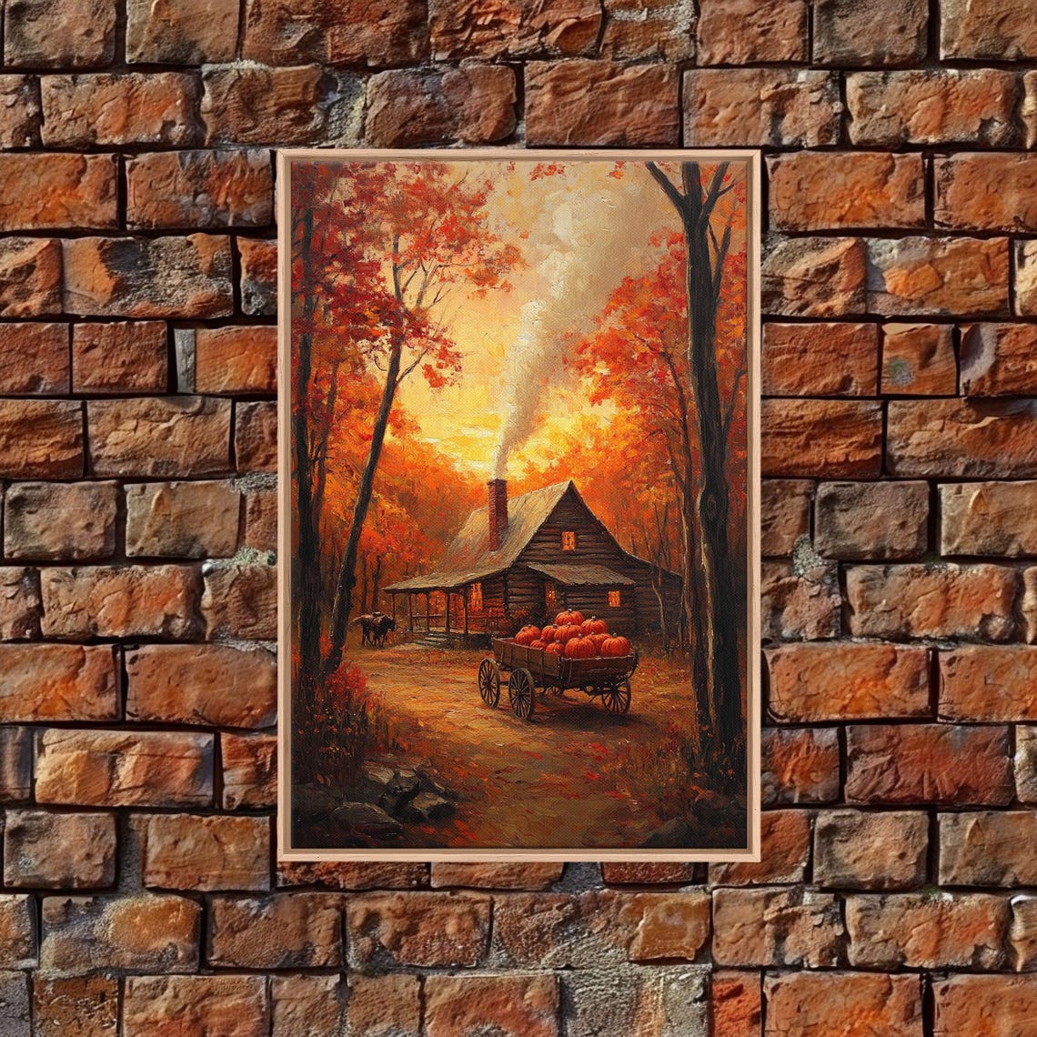 Autumn Cabin With Pumpkin Wagon In Fiery Fall Forest Dusk Poster