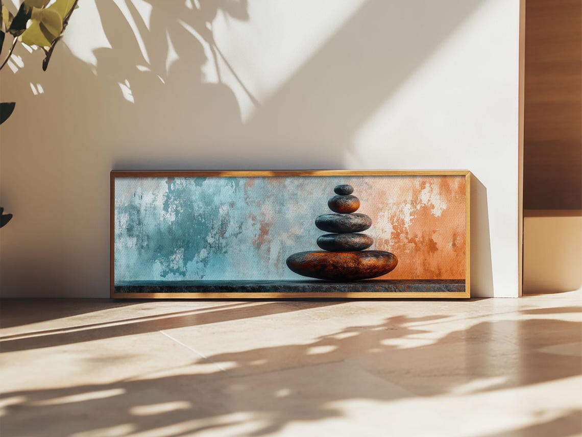 Textured Zen Framed Print Sand Patterns Stacked Stones Modern Wabi Sabi Minimalist Decor Bedroom Art Idea - Image 3