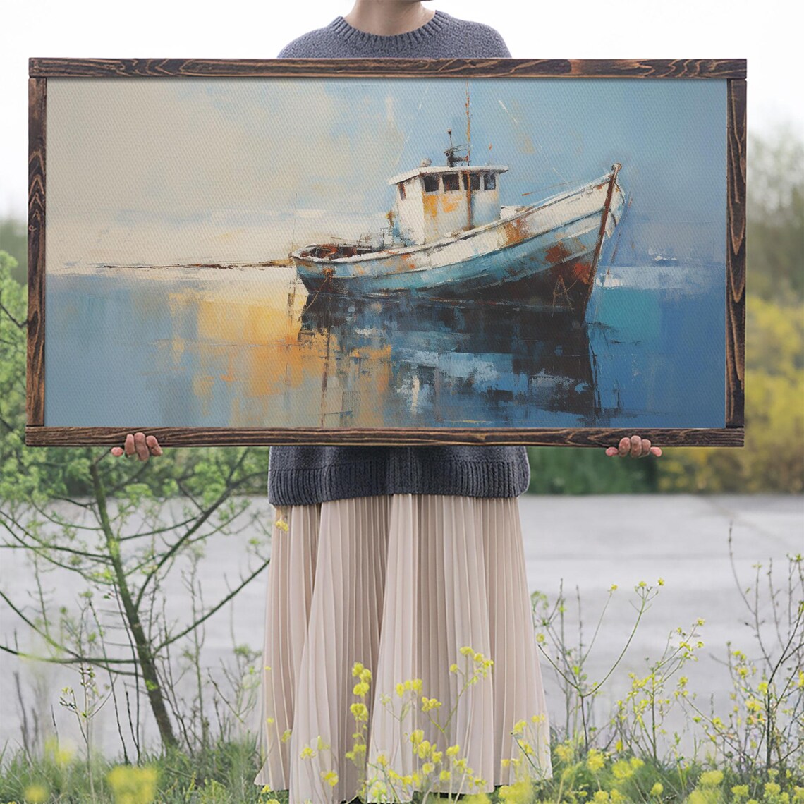 Weathered Old Wooden Fishing Boat Calm Water Nautical Art Poster - Image 2
